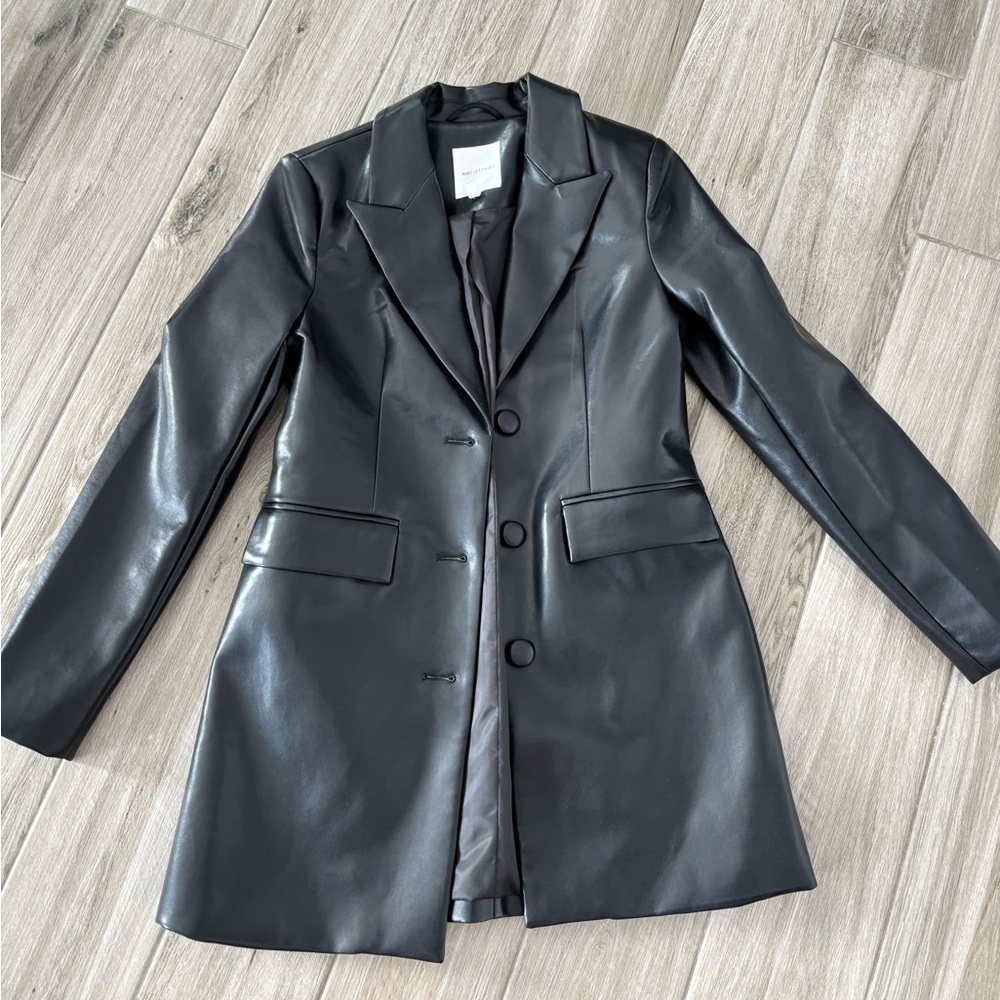 Avec Les Filles Black Faux Leather Tailored Blazer Coat